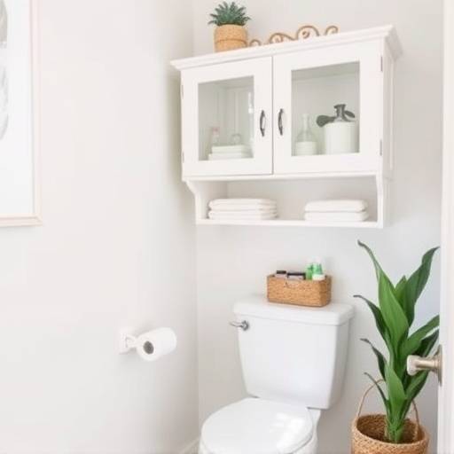 A bathroom with an over-the-toilet storage unit and organized under-sink cabinets.