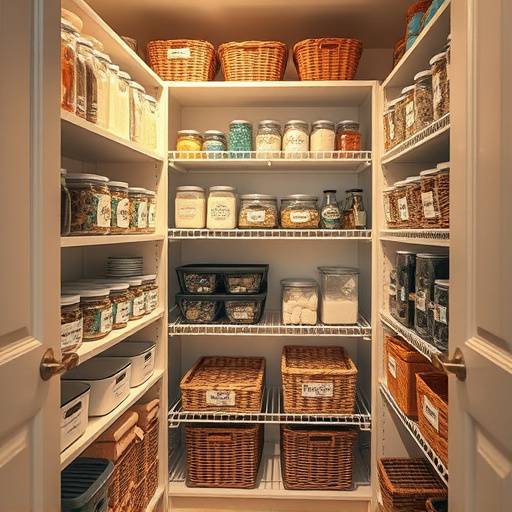 A meticulously organized pantry with clear containers, tiered shelves, and labeled baskets.