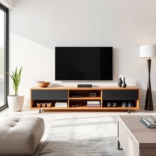 A modern living room with a sleek media console and organized storage solutions.