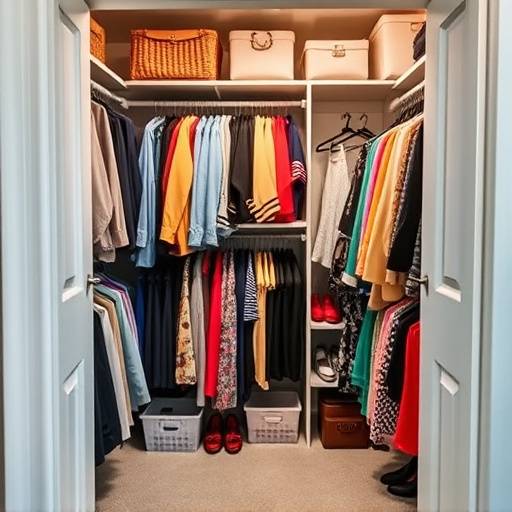 A neatly organized closet with clothes arranged by color and type.