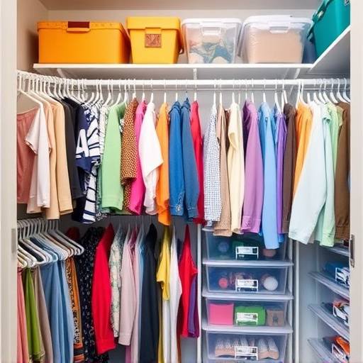 A perfectly organized closet with color-coded clothing, matching hangers, and clear storage bins.