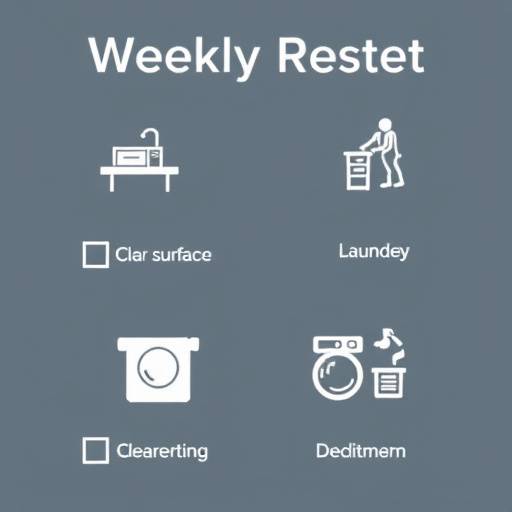 A weekly reset checklist with tasks such as clearing surfaces, cleaning the kitchen and bathroom, floor care, laundry, making beds and decluttering, visually representing each step with an accompanying icon.