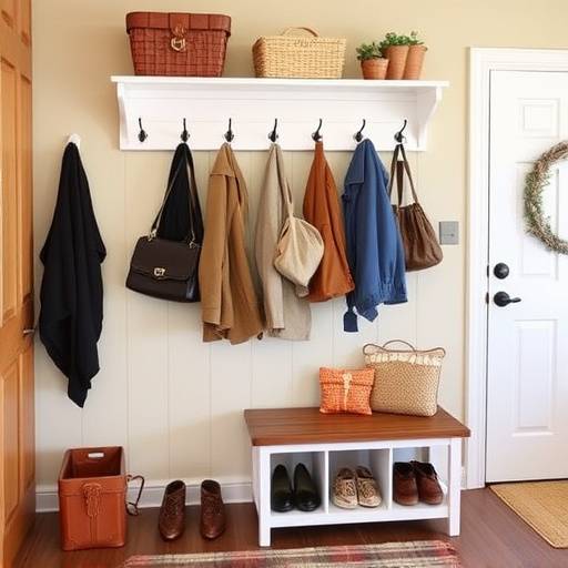 An organized entryway with a coat rack, shoe storage cabinet, and bench.