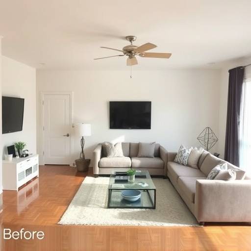 Before and after photo of a decluttered living room, showcasing the transformation from a cluttered space to a clean, organized area with minimal furniture and accessories.