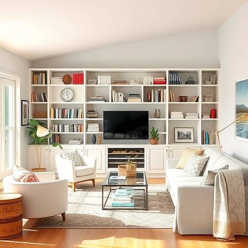 Bright and airy living room, featuring organized shelves and comfortable seating.