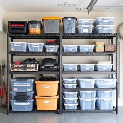 Clear plastic storage bins organized on shelves in a garage.
